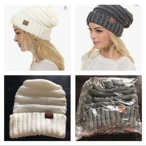 NEW C.C Slouchy Cable Knit Beanie Bundle Gray White One Size Fits Most Acrylic